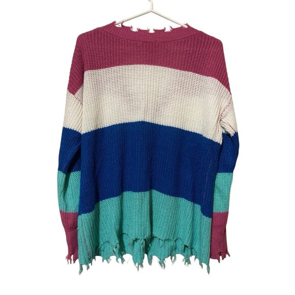 Simply Southerns Sweater Women’s Medium Distressed Striped Pink White Blue - Picture 2 of 10